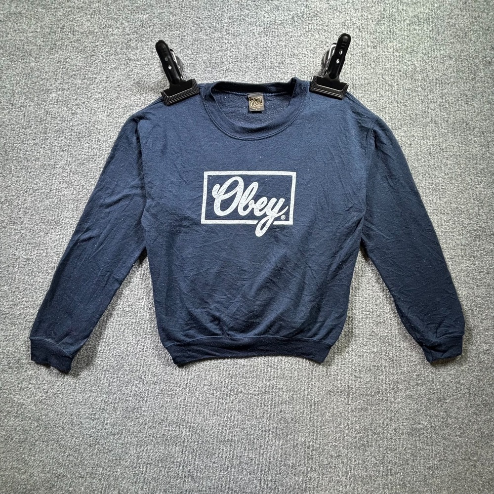 Obey Sweatshirt Mens S Navy Wordmark Logo Fleece Long Sleeve Streetwear Skater